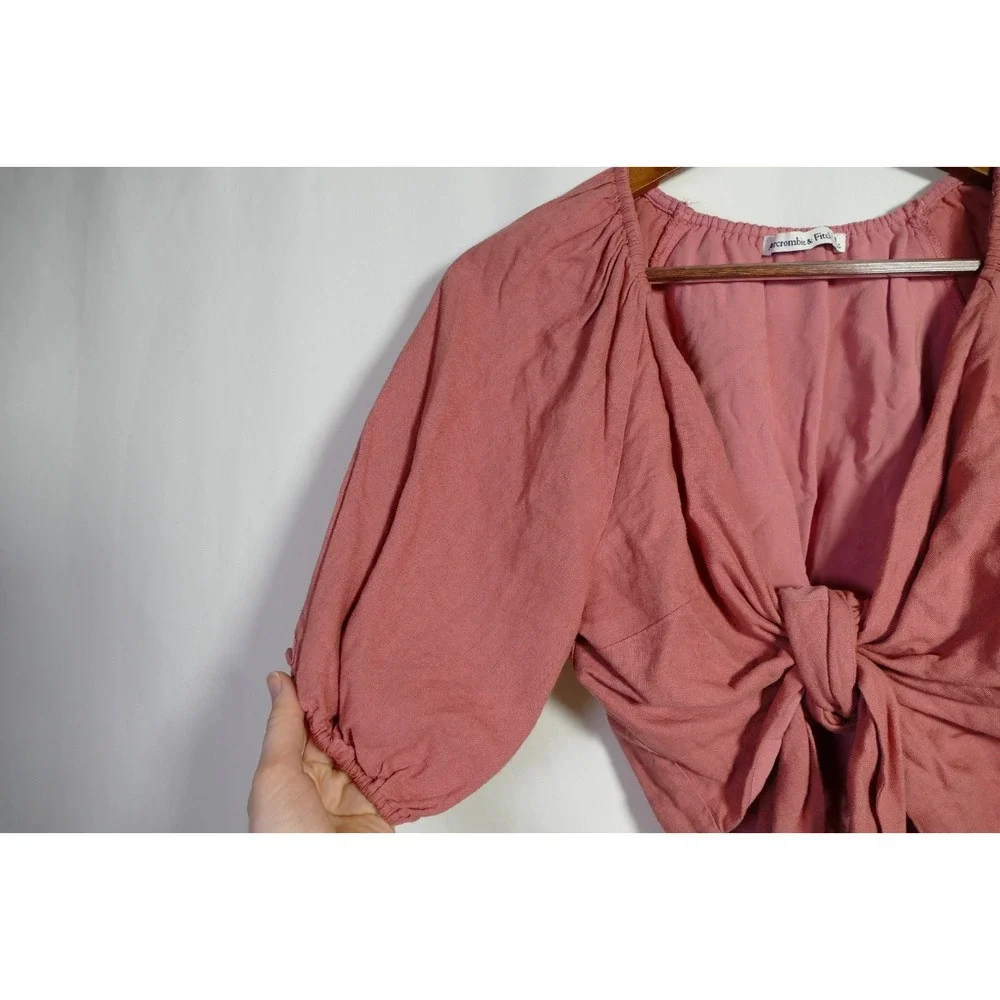 Abercrombie Fitch Women Puff Sleeve Coquette Crop Top Size M Linen Blend Cottage